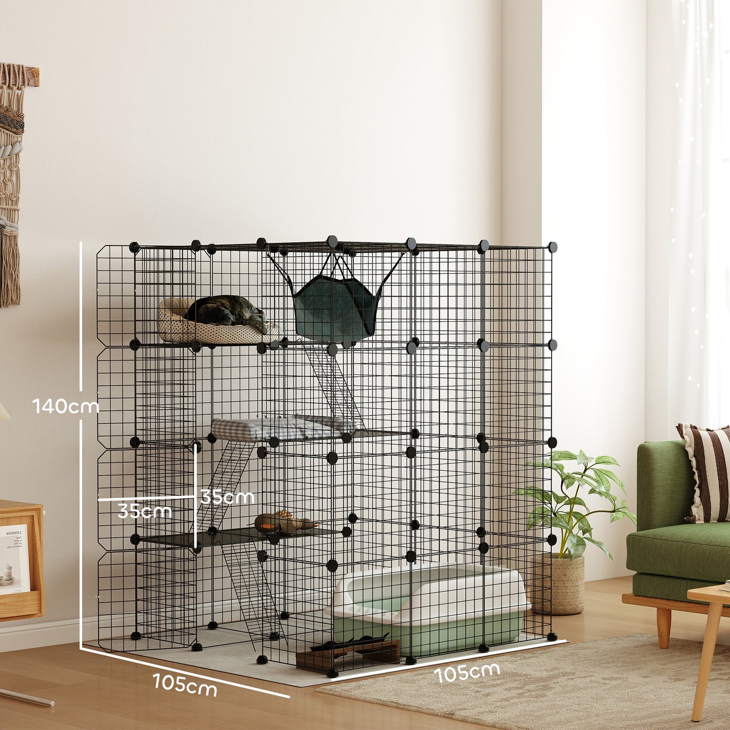 PawHut Katzenkäfig für Drinnen 4-stöckig DIY-Katzengehege mit dichtem Metalldraht Hängematte Rampe Türen Sprungplattformen