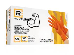 RMove 1Conf. da 100pz Tg.XXL 8.5gr da Lavoro - Guanti Nitrile Arancione Senza Polvere Full Grip