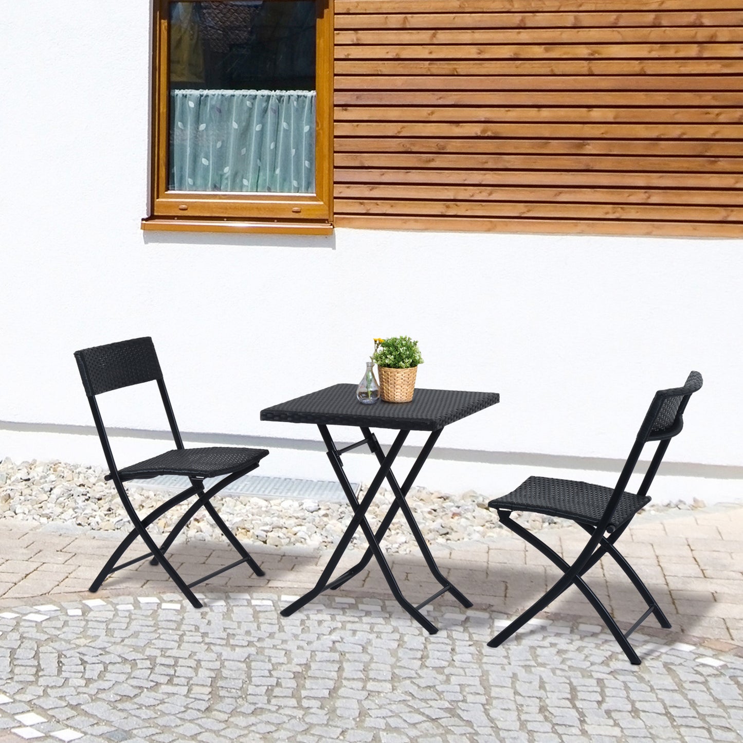 Outsunny Polyrattan Bistroset für 2 Personen Sitzgruppe Rotting Gartenmöbel Set Garnitur Schwarz