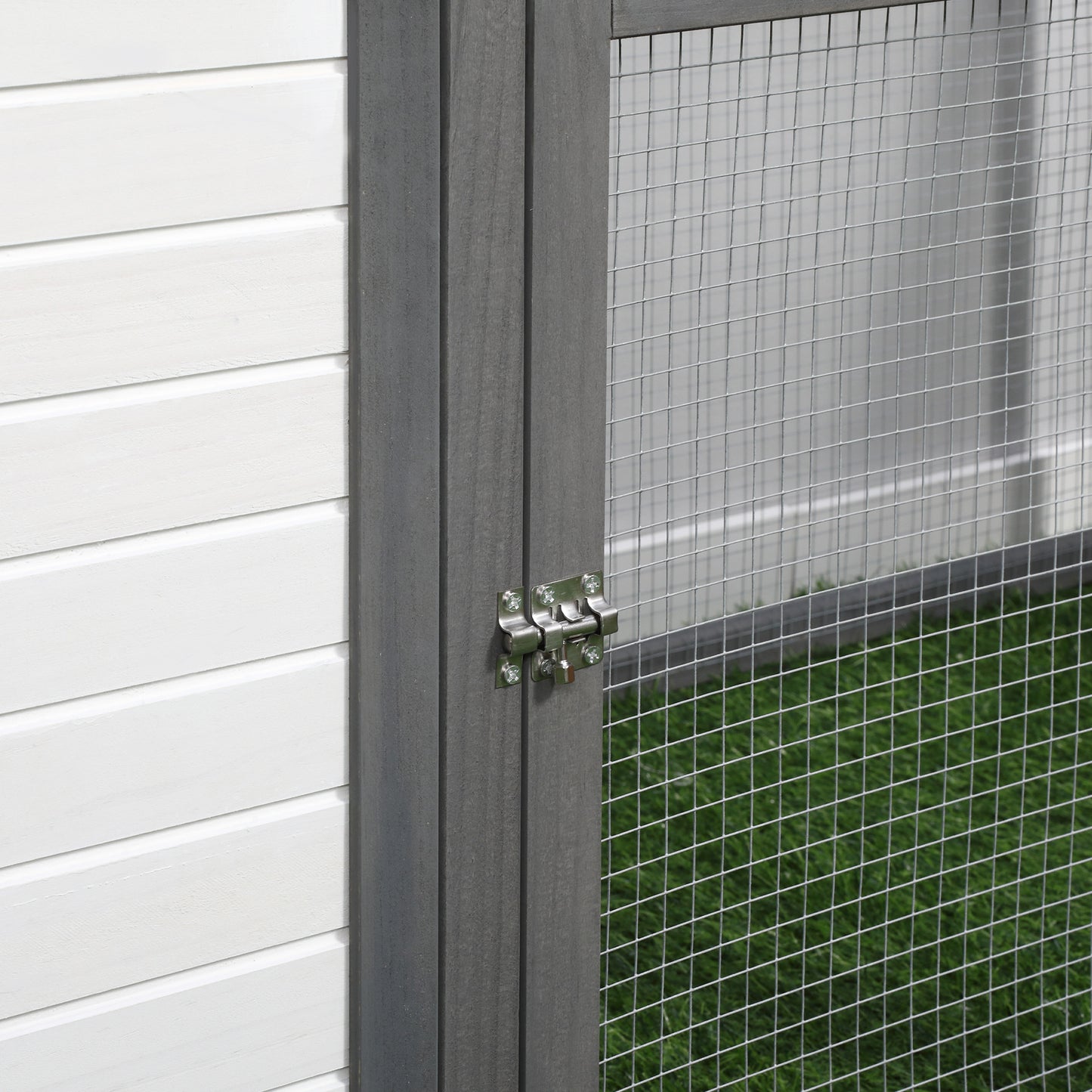 PawHut Hühnerstall für Zwerghühner 196 x 76 x 97 cm Hühnerhaus mit Nistkasten, Freilaufgehege Sitzstange, Kleintierstall aus Holz, Grau