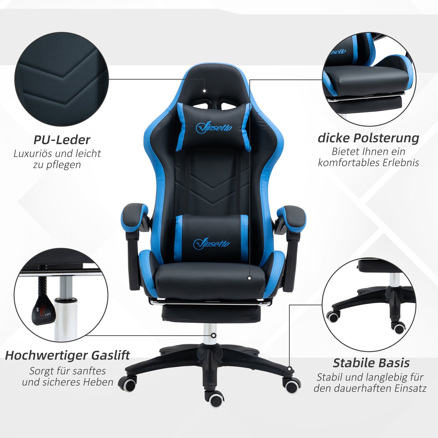 Vinsetto Bürostuhl, Gamingstuhl, 1 Kopfstütze, 1 Lendenstütze, Blau + Schwarz