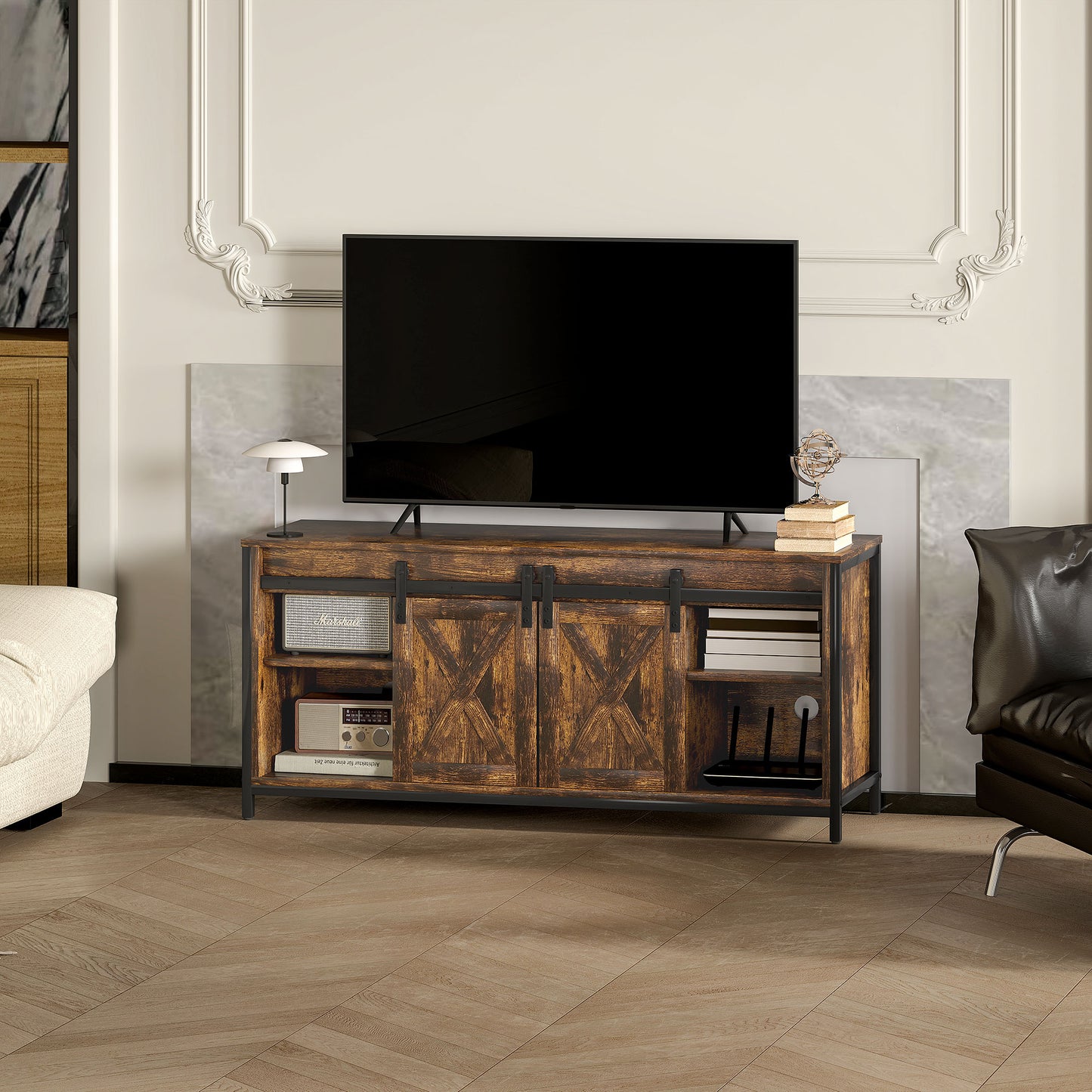 HOMCOM TV Lowboard, Industrial Design, für 60'' TVs, 6 Fächer, 2 Schiebetüren, Braun/Schwarz