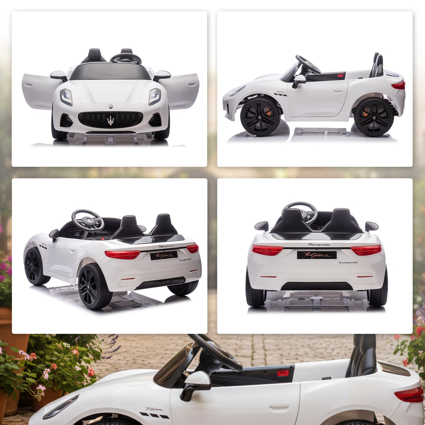 AIYAPLAY Maserati Elektroauto für Kinder, 2-Sitzer, 12V Batteriebetrieb, Fernbedienung, LED-Lichter, Musikfunktion, Weiß