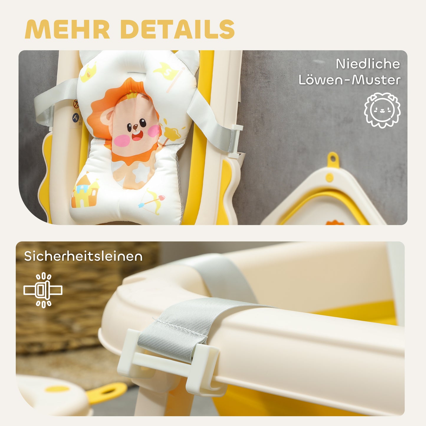 AIYAPLAY Babybadewanne mit Waschbecken, faltbar, rutschfester Boden, komfortables Badekissen, Gelb