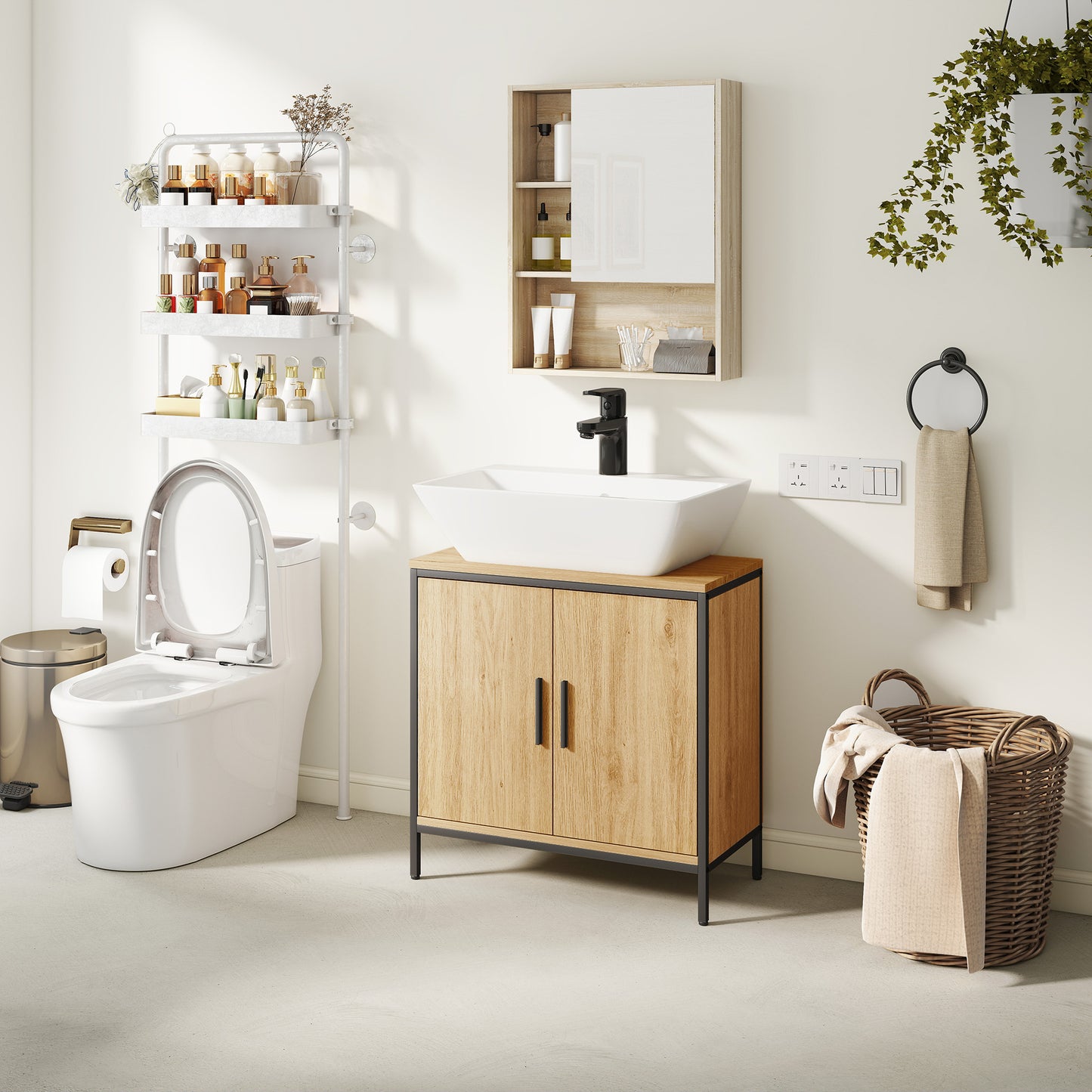HOMCOM Waschbeckenunterschrank, Unterschrank mit 2 Türen, einstellbarem Regal, 60x30x60 cm Badezimmerschrank mit Stahlrahmen, für Waschbecken ohne Sockel, Eiche
