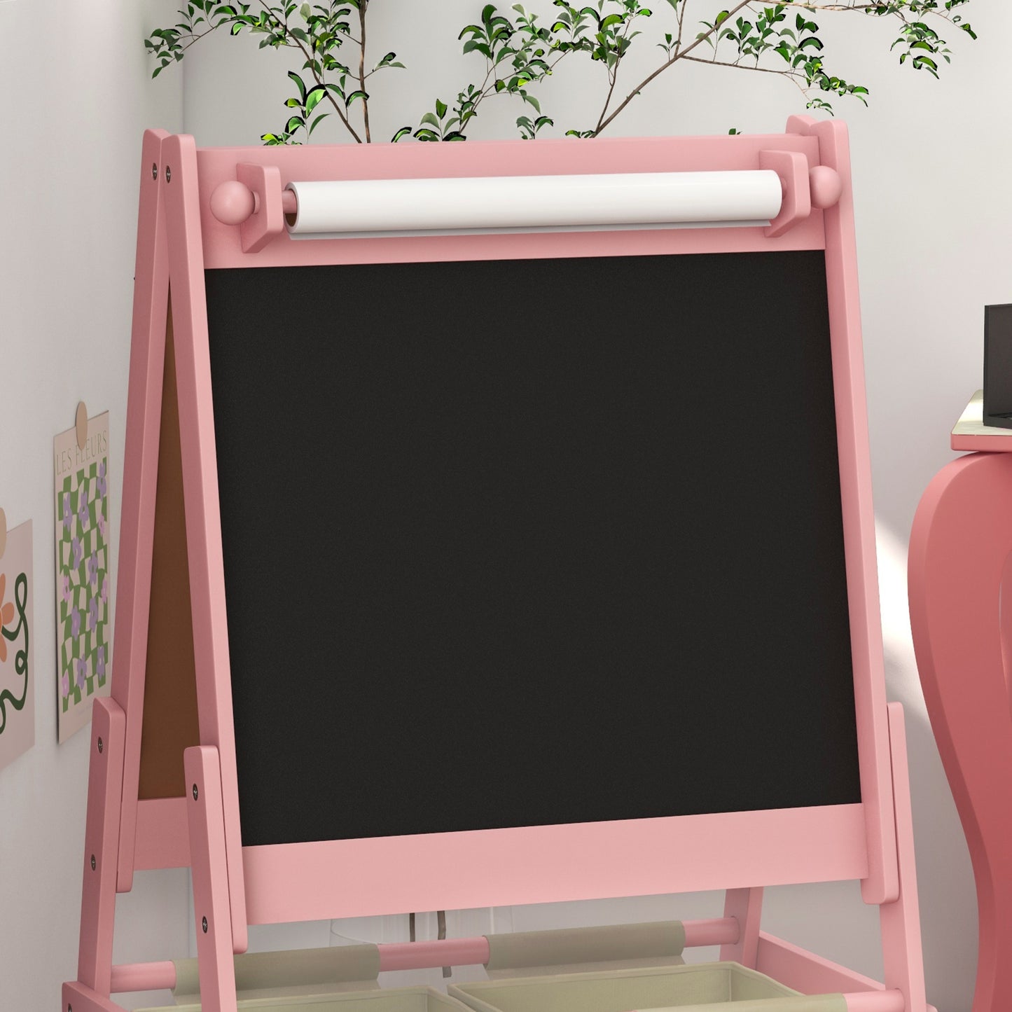 AIYAPLAY 3-in-1 Kinder Staffelei mit Papierrolle, Kreidetafel, Whiteboard, Aufbewahrungskörbe, 54 x 46,5 x 93 cm, rosa