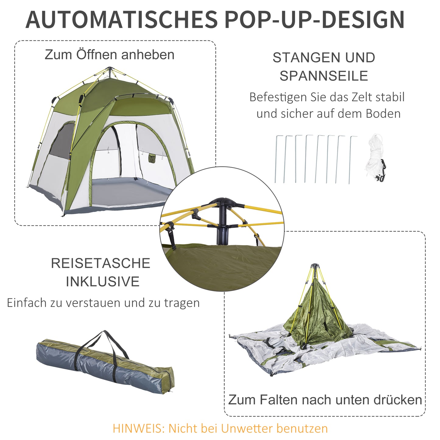 Outsunny Pop-up-Zelt Automatischer Aufbau Wetterfest Hydraulischer Druckmechanismus 240 cm x 240 cm x 199 cm Grün+Grau