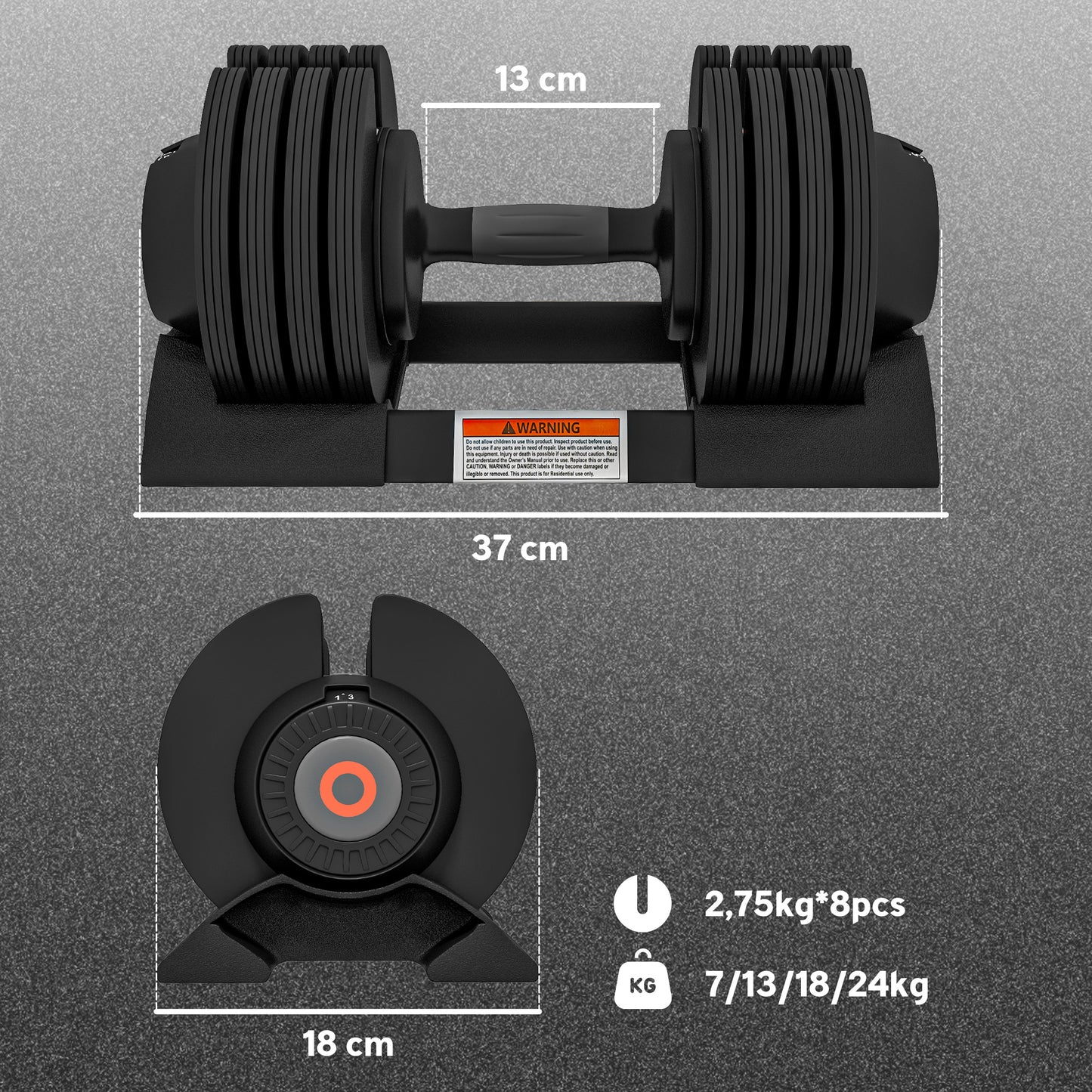 SPORTNOW Verstellbare Einzel-Hantel, 7/13/18/24 kg Kurzhantel mit Ablagefach, mit rutschfesten Griffen, Schwarz