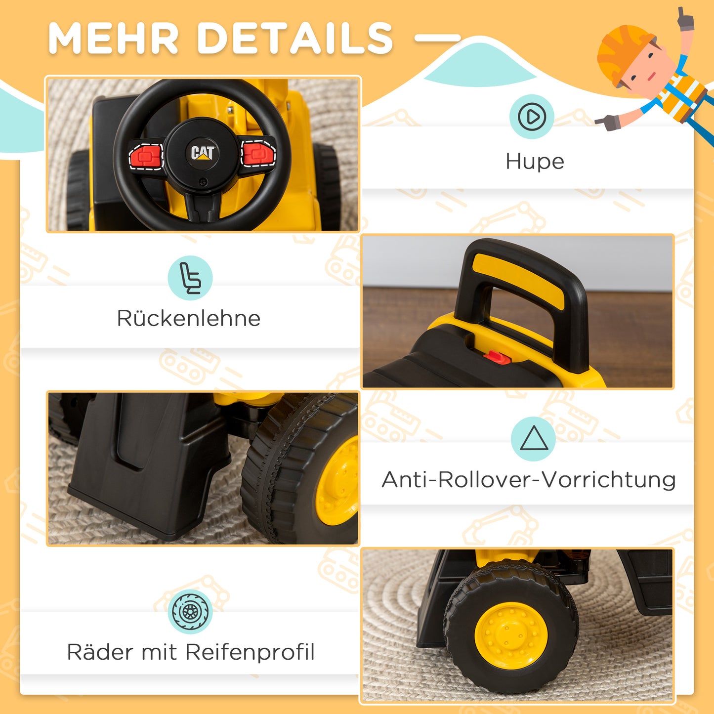 HOMCOM Kinderbagger, Rutscher, bedienbare Schaufel, Kippschutz, rutschfeste Räder, gelb+schwarz, 85 x 27,5 x 47,5 cm