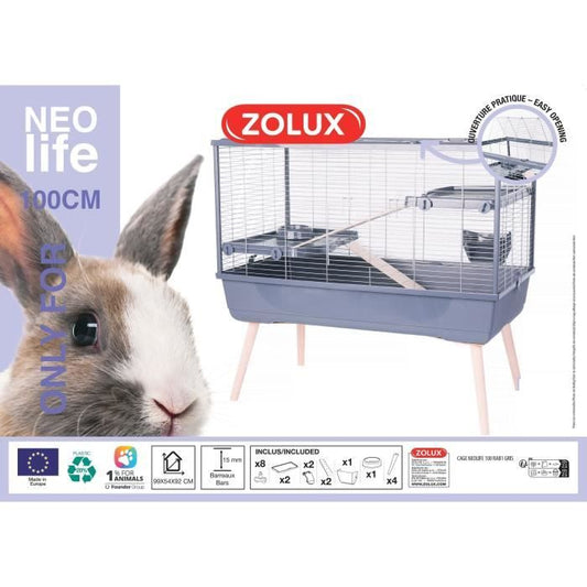 Raised rodent cage - Zolux - Néolife - 2 levels for rabbits - 99 x 54 x 92 cm - Grey