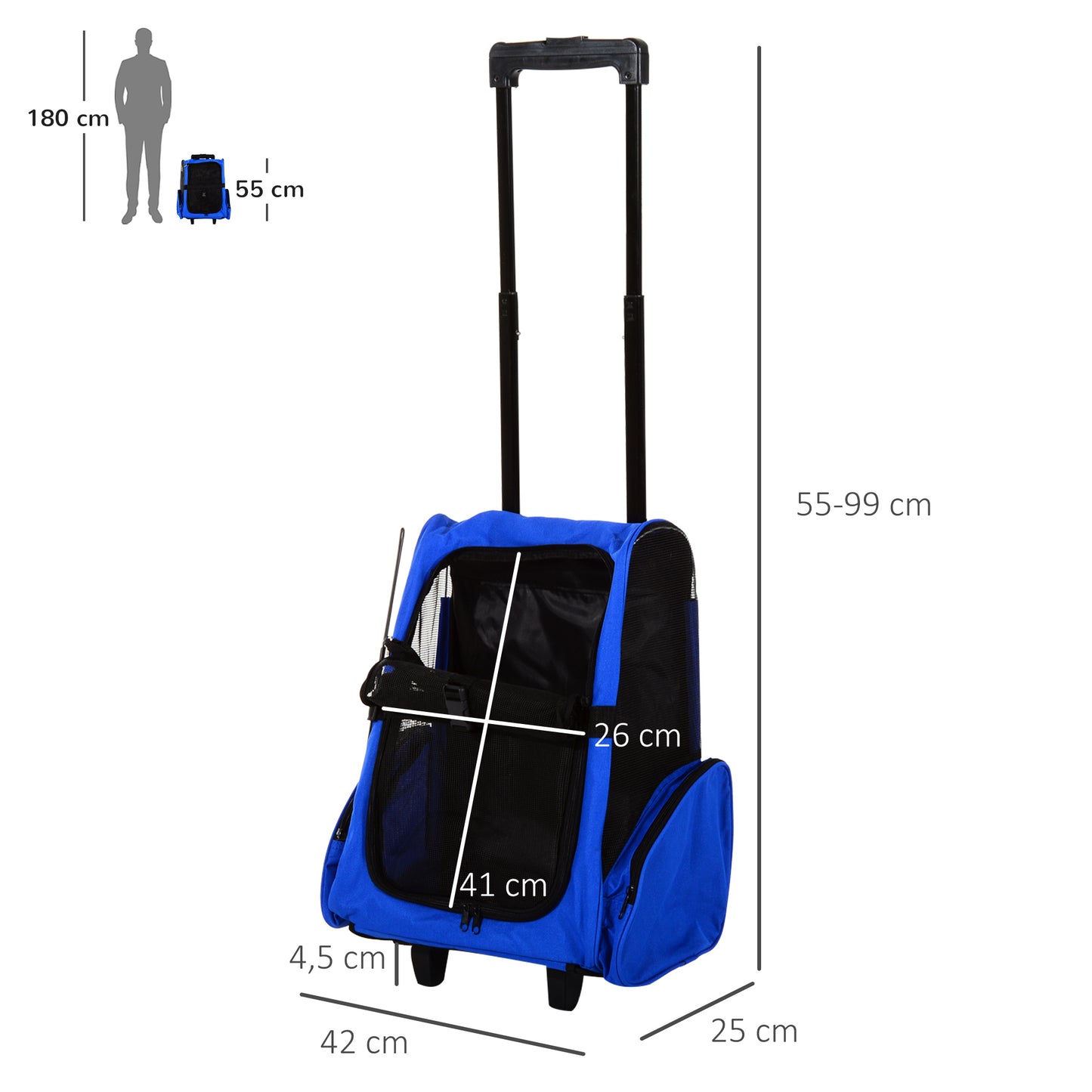Pawhut Hundetransporttasche, Haustierrucksack, 2-in-1-Design, ausziehbarer Griff, Seitentaschen, Blau, 42 x 25 x 55cm