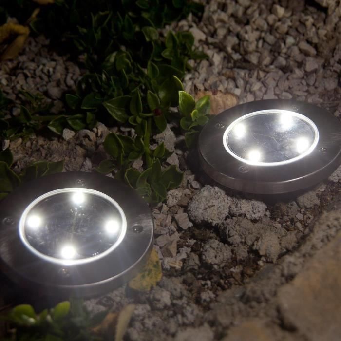 Set of 8 round stainless steel solar spotlights, recessed or spiked - LUMISKY - DECKY - cool white LED - Ø12 cm