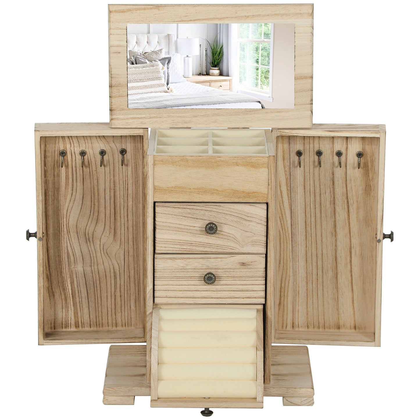 HOMCOM Schmuckbox, Schmuckschatulle, 4-stufiges Layout, integrierter Spiegel, Holz, Braun