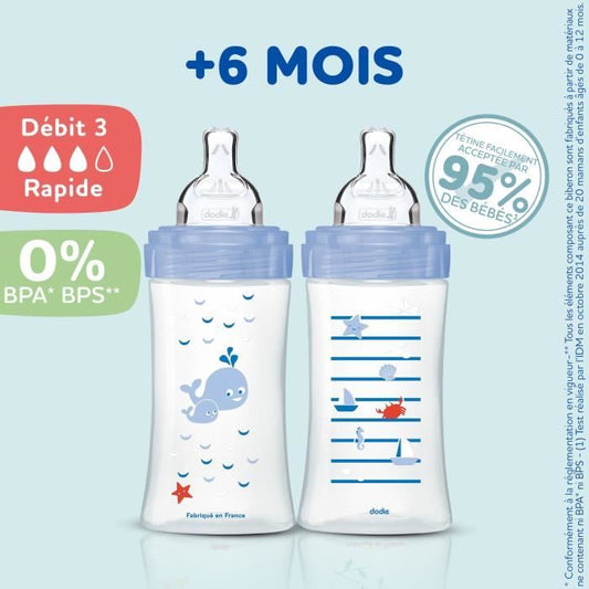 DODIE Set of 3 Sensation+ Anti-Colic Baby Bottles 330ml +6 Months, Flat Teat, Flow 3 - Sea Blue and Air Green