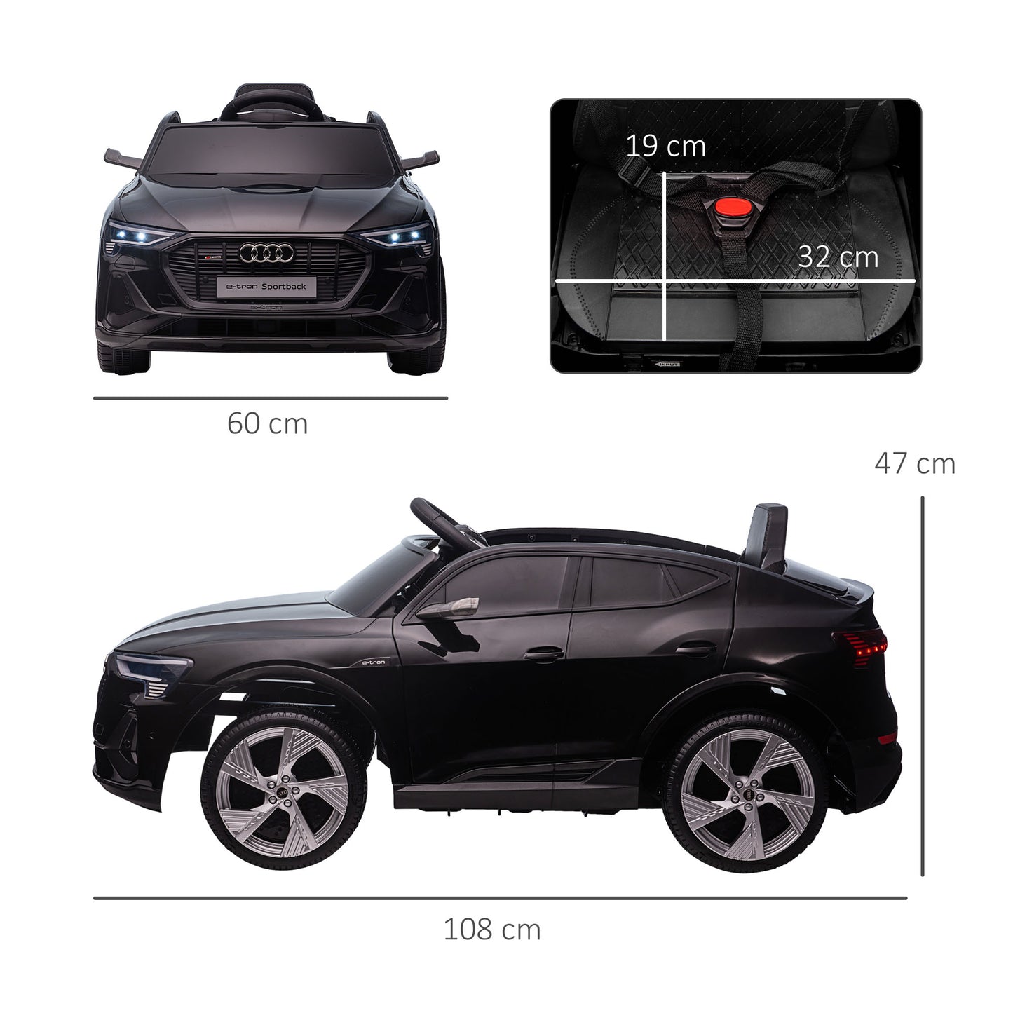 HOMCOM Elektro Kinderauto 12V Elektrofahrzeug Audi E-tron Elektroauto mit Fernbedienung, Sicherheitsgurt, Musik (MP3/USB/TF), Kinderfahrzeug für Kinder 3-5 Jahre, 3-5 km/h, Schwarz