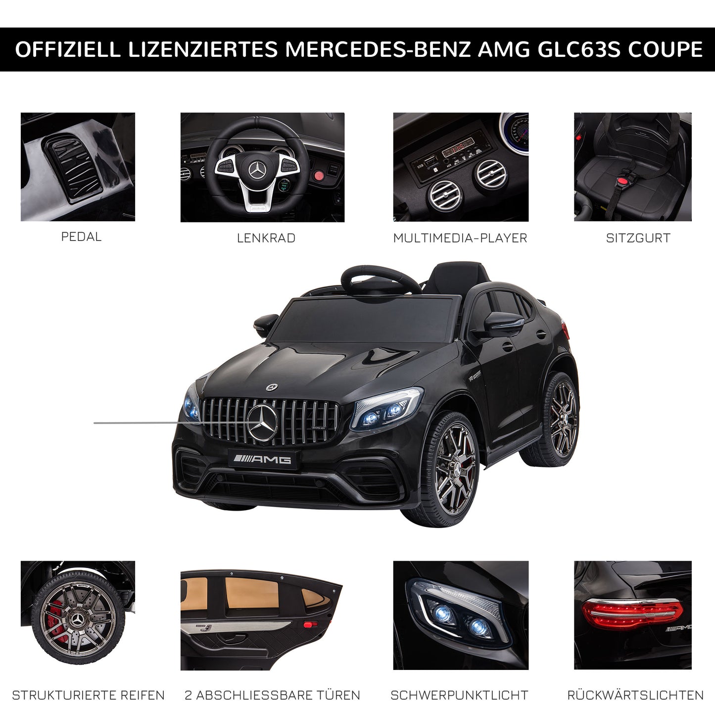 HOMCOM Kinder Elektroauto 12V Kinderauto mit 2,4 G Fernbedienung, 2 Motor, Kinderfahrzeug mit Hupe, Musik, Sicherheitsgurt, Elektrofahrzeug für 37-60 Monate Kinder, Schwarz