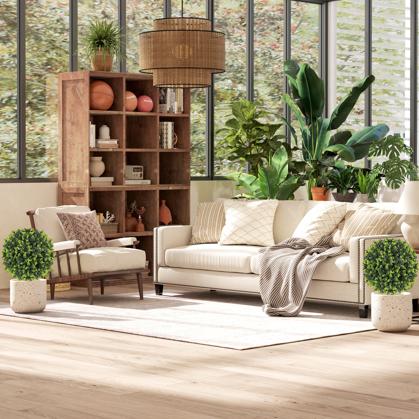 HOMCOM 2er-Set Kunstpflanzen, Künstliche Buchsbaumkugeln mit Bodenpfahl, für drinnen und draußen, UV-beständig, Grün