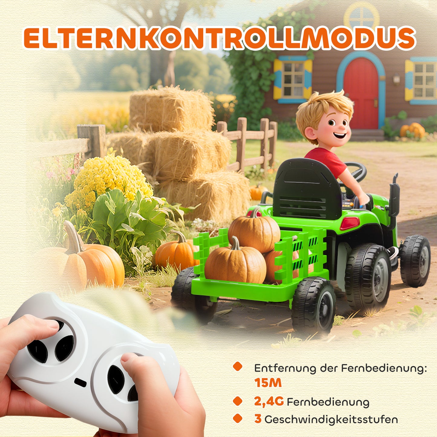 AIYAPLAY Elektrischer Kindertraktor, Aufsitz-Traktor mit Fernbedienung, Soft-Start, für Kinder im Alter von 3-8 Jahren, Grün