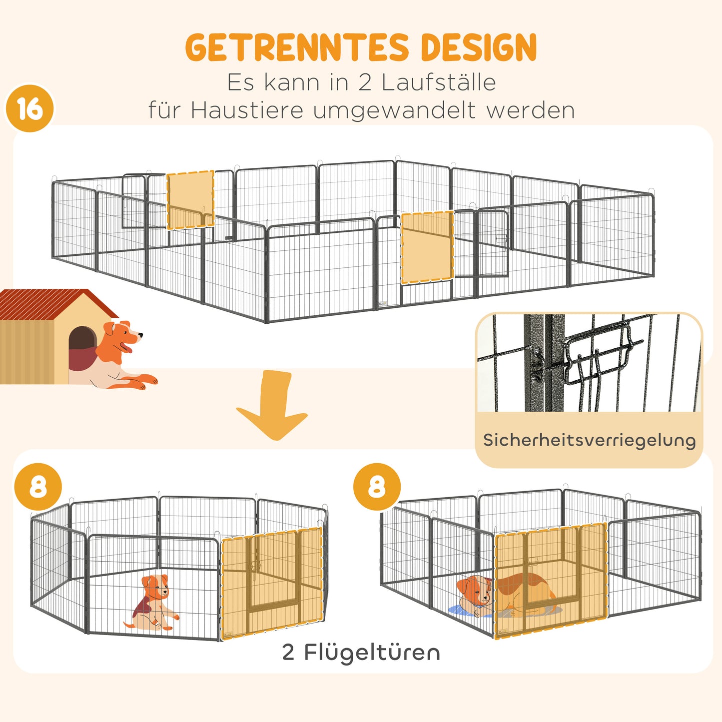 PawHut Welpenauslauf Freigehege 16 Segmente 60 cm Hoch Laufstall für Haustier welpengitter Zaun Laufgitter Laufstall Hundegehege Outdoor Gitter Welpen gestaltbar mit 2 Tür Stahl Grau