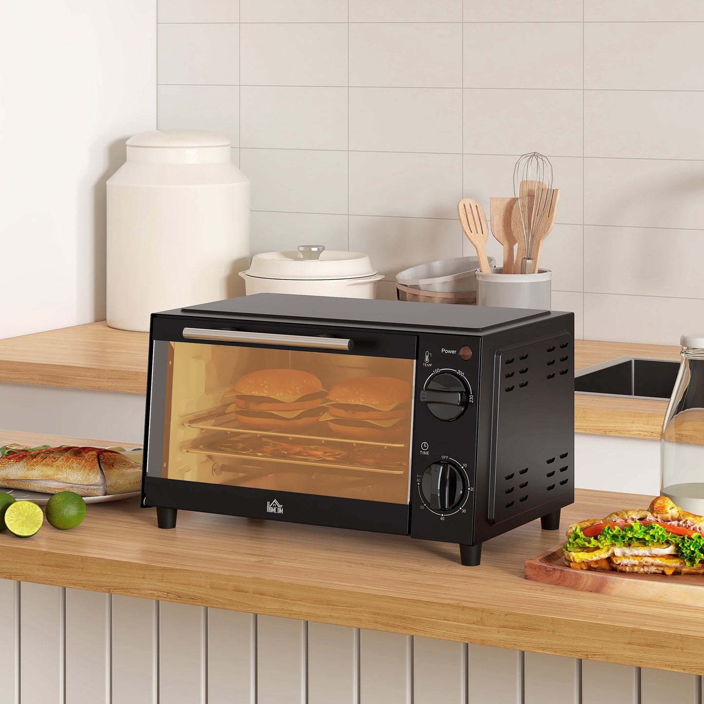 HOMCOM Mini-Backofen, 9 Liter Fassungsvermögen, Einstellbare Temperatur und Garzeit, mit Grillrost und Backblech, Schwarz