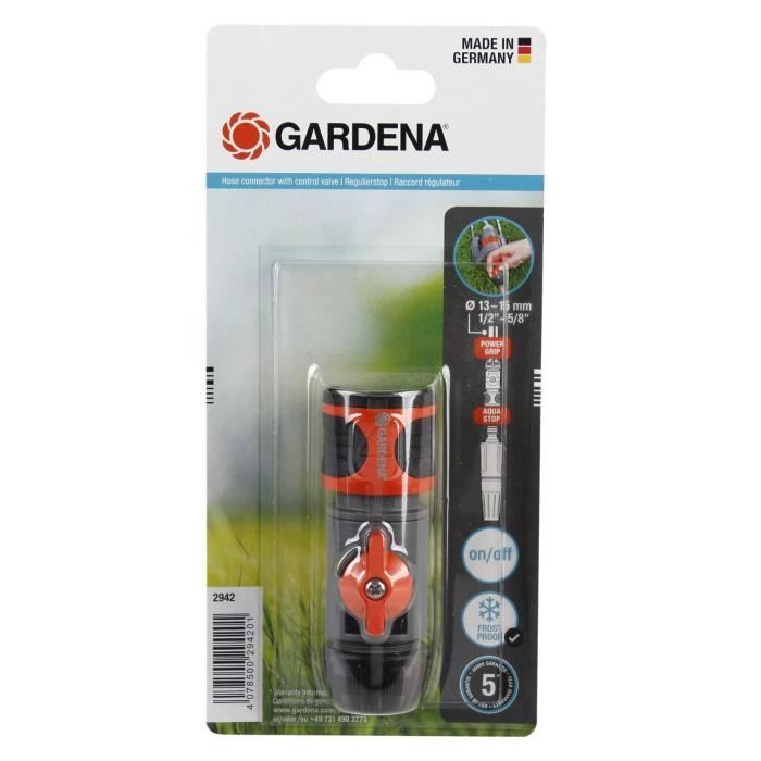 Gardena Regulator connection-Compatible pipes Ø13mm & Ø15mm-Flow & pressure adjustment-Gel resistant-5 year warranty (2942-20)
