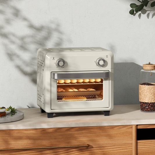HOMCOM 10L Heißluft-Ofen zum Grillen, Backen und Frittieren, Timer, 1000W, Spülmaschinenfest, Cremeweiß