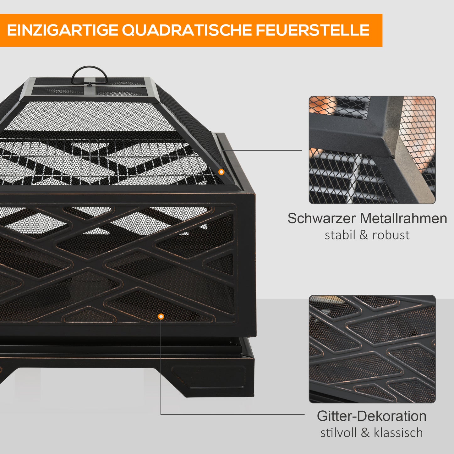 Outsunny Feuerschale mit Funkenschutz, Grillrost, Schürhaken, quadratisch, Stahlgehäuse, schwarz, 66 x 66 cm