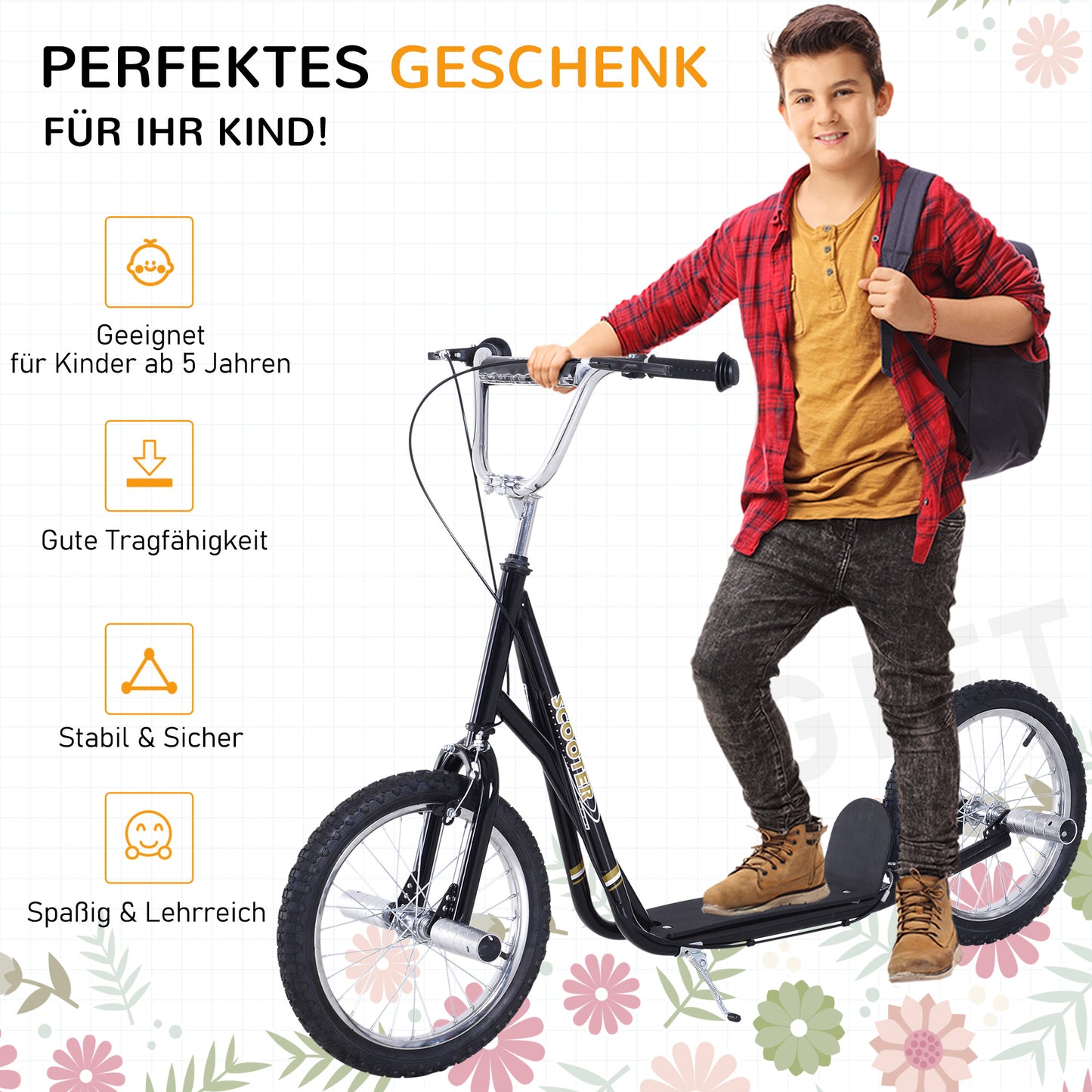 HOMCOM Kinderroller mit Luftreifen Kickscooter Scooter Tretroller Cityroller für Kinder Kickboard 16 Zoll ab 5 Jahre Höhenverstellbar Schwarz 143 x 58 x 92-100 cm