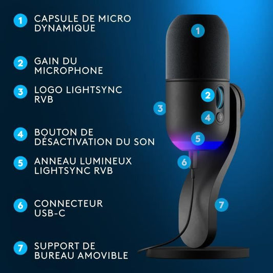 Gaming Microphone - LOGITECH G - YETI GX - Streaming - Dynamic RGB with LIGHTSYNC - For PC/MAC - Black