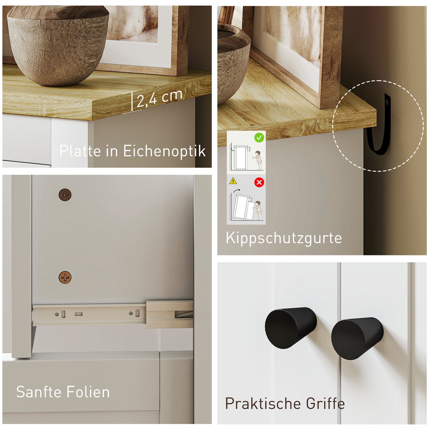 HOMCOM Kommode mit viel Stauraum, Sideboard mit Soft-Close-Türen, 2 Schubladen, verstellbares Regal, Weiß