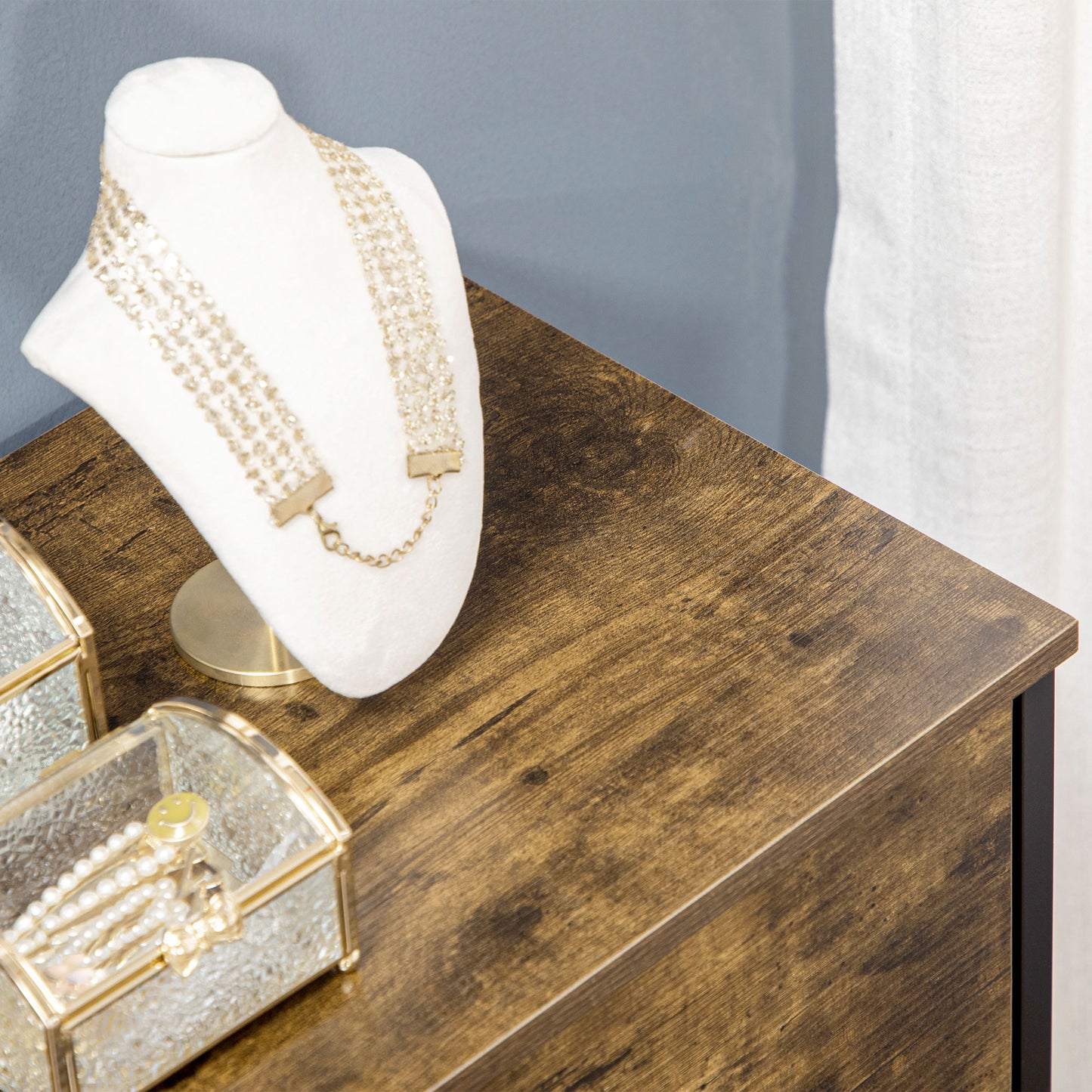 HOMCOM Kommode mit sechs Schubladen, offene Regale, MDF und Stahl, 84x30x92 cm, Braun/Schwarz, verstellbare Füße