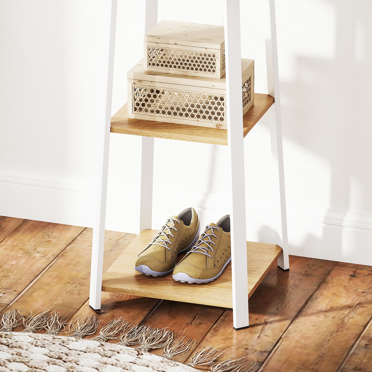 HOMCOM Kleiderständer, Trapez-Design, dreistufig, 8 Doppelhaken, Stahll, Weiß+Eiche