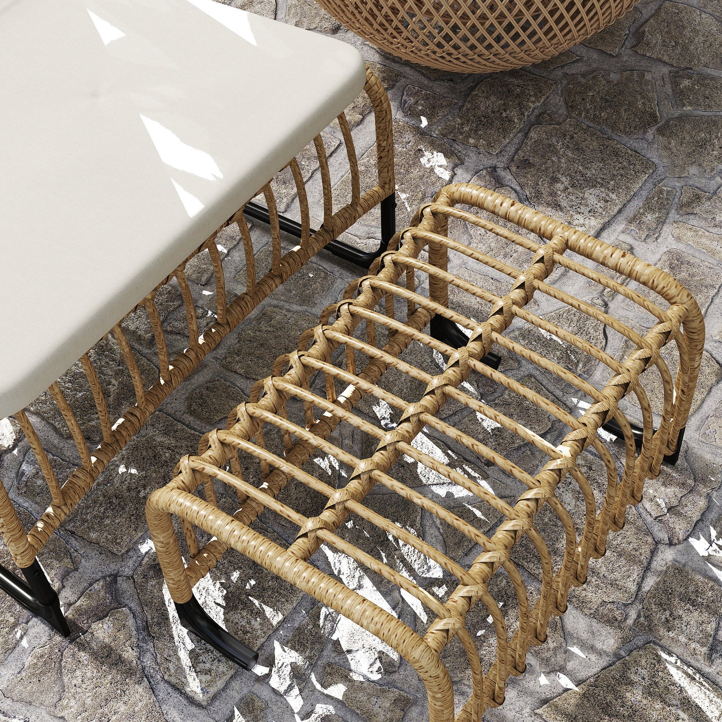 Outsunny Rattan Relaxsessel med Fußhocker UV-beständig Gartensessel mit Kissen Bänder 65 x 93 x 80 cm Naturholz