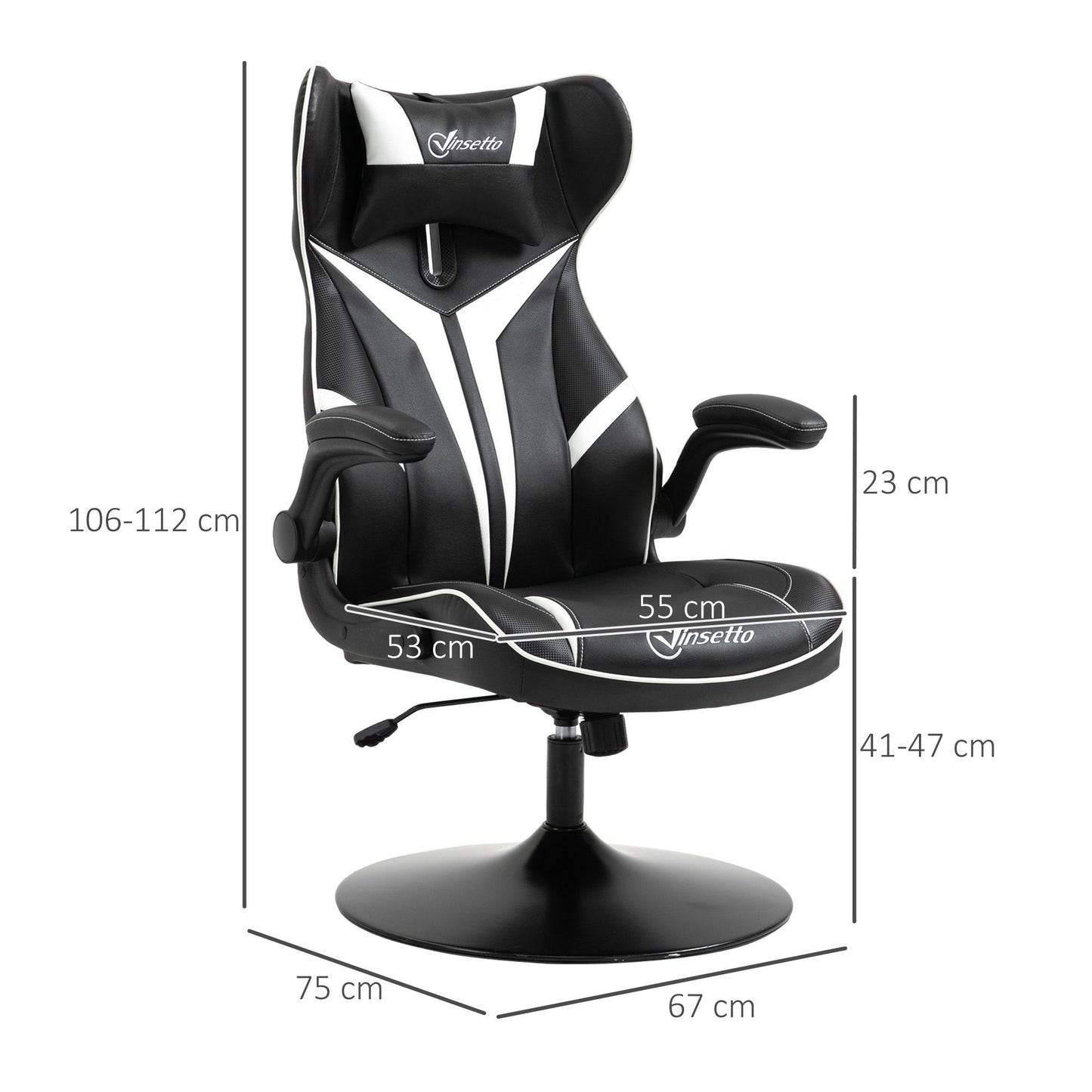 Vinsetto Gaming Stuhl ergonomischer Computerstuhl mit Wippfunktion Drehstuhl höhenverstellbar Stahl Schwarz+Weiß 67 x 70 x 106-112 cm