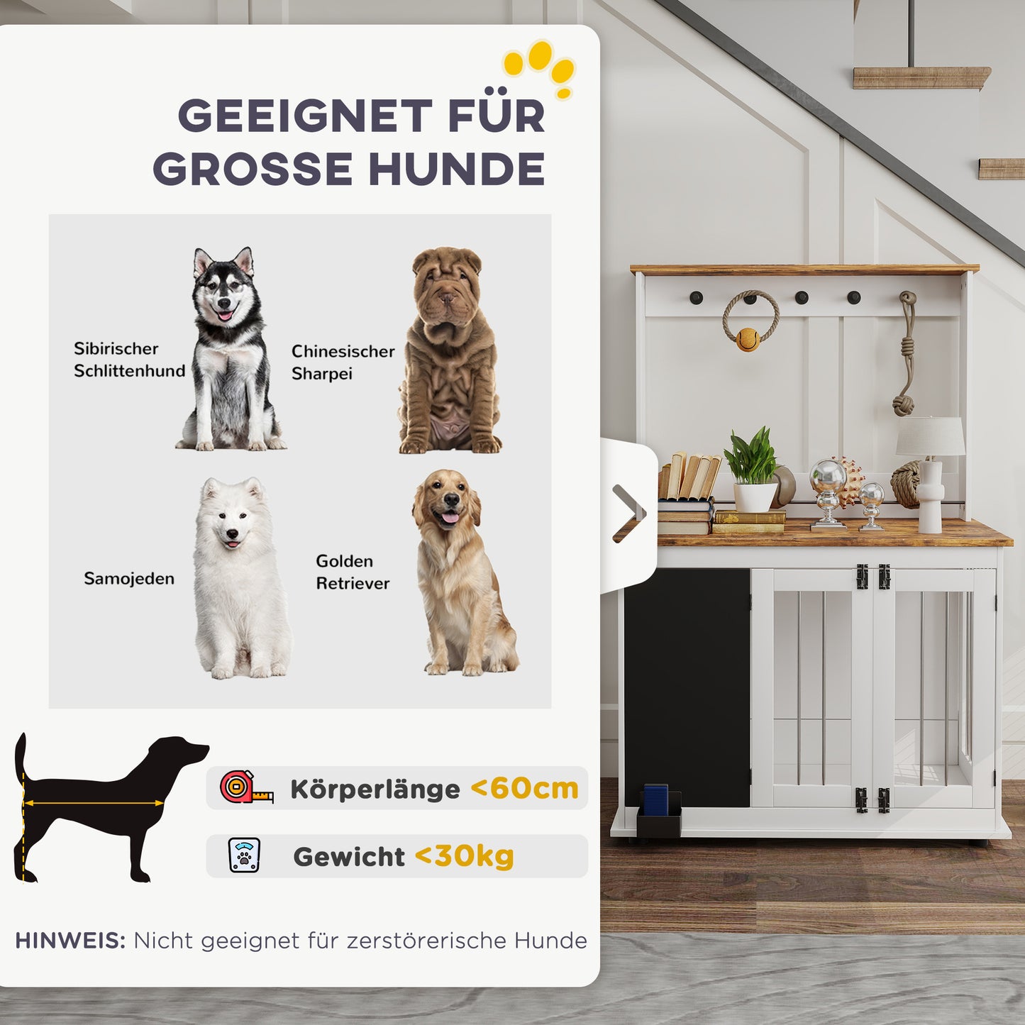 PawHut Hundebox mit Aufbewahrungsregal für Spielzeug, Haken für Leinen, Schreibtafel, Radiergummi, für große Hunde, Weiß