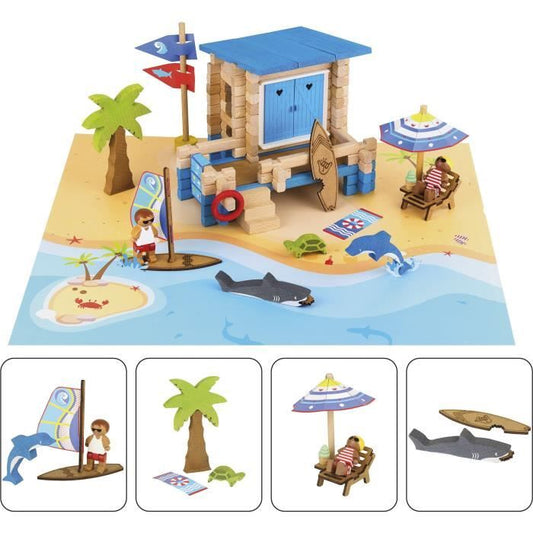 Beach Day 120 Pieces - JEUJURA - Natural Wood Construction Game, Mat and Accessories Included, 32x27x11 cm