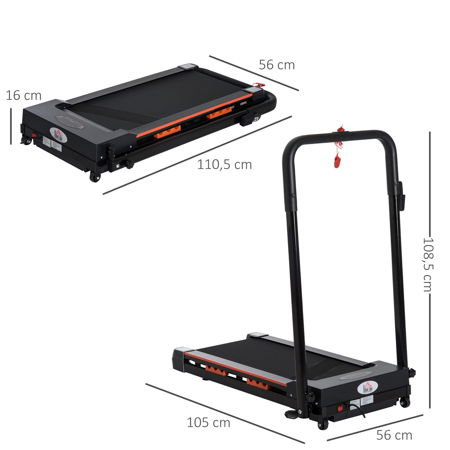 HOMCOM Elektrisches Laufband für Zuhause mit LCD Display, Faltbares Fitnessgerät, 1-6 Km/h, Stahl, Schwarz, 105 x 56 x 108,5 cm
