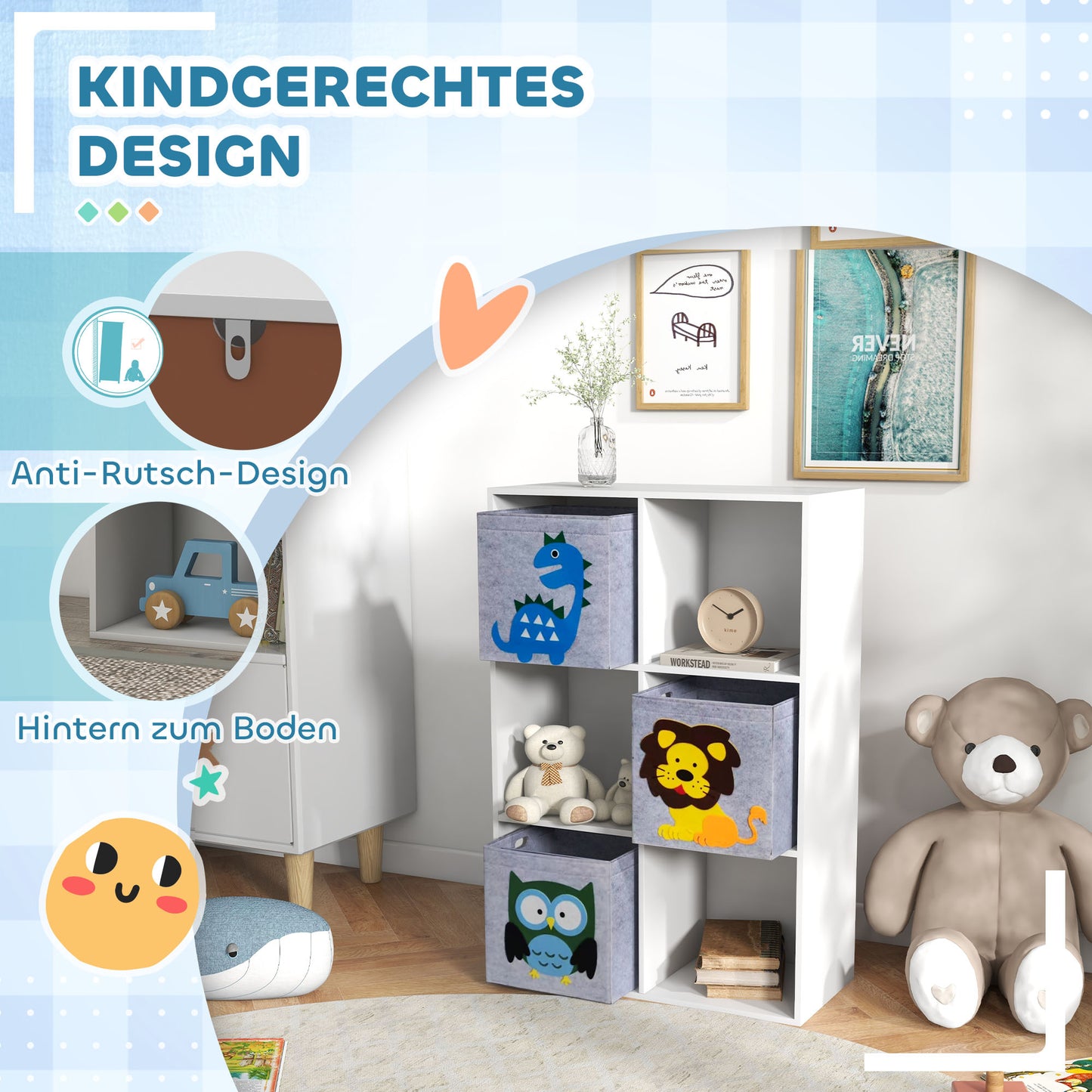 ZONEKIZ Aufbewahrungsregal für Kinder, Würfel, Schubladen, MDF, Kippschutz, Weiß