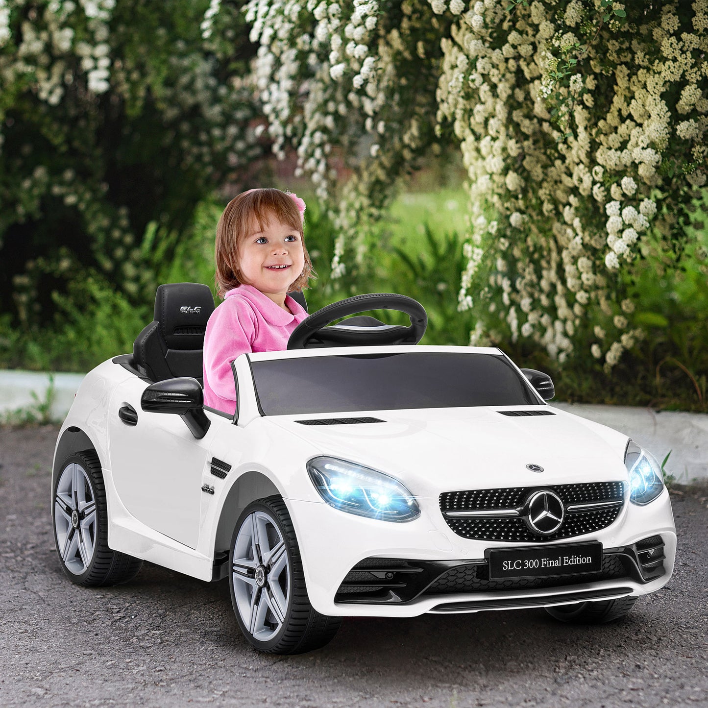 AIYAPLAY Kinder-Elektroauto, mit LED-Scheinwerfern, Sicherheitsgurt, Hupe, Musik, 3 bis 5 km/h, weiß, 107 x 62,5 x 44cm