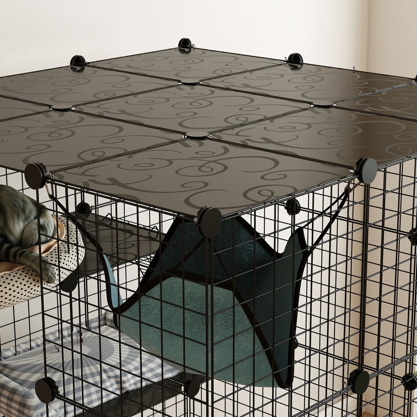 PawHut Katzenkäfig für Drinnen 4-stöckig DIY-Katzengehege mit dichtem Metalldraht Hängematte Rampe Türen Sprungplattformen