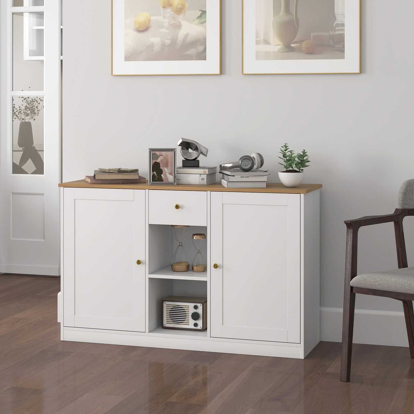 HOMCOM Küchenkommode, Sideboard mit Schublade, Schränken, Regalen, Spanplatte, Weiß