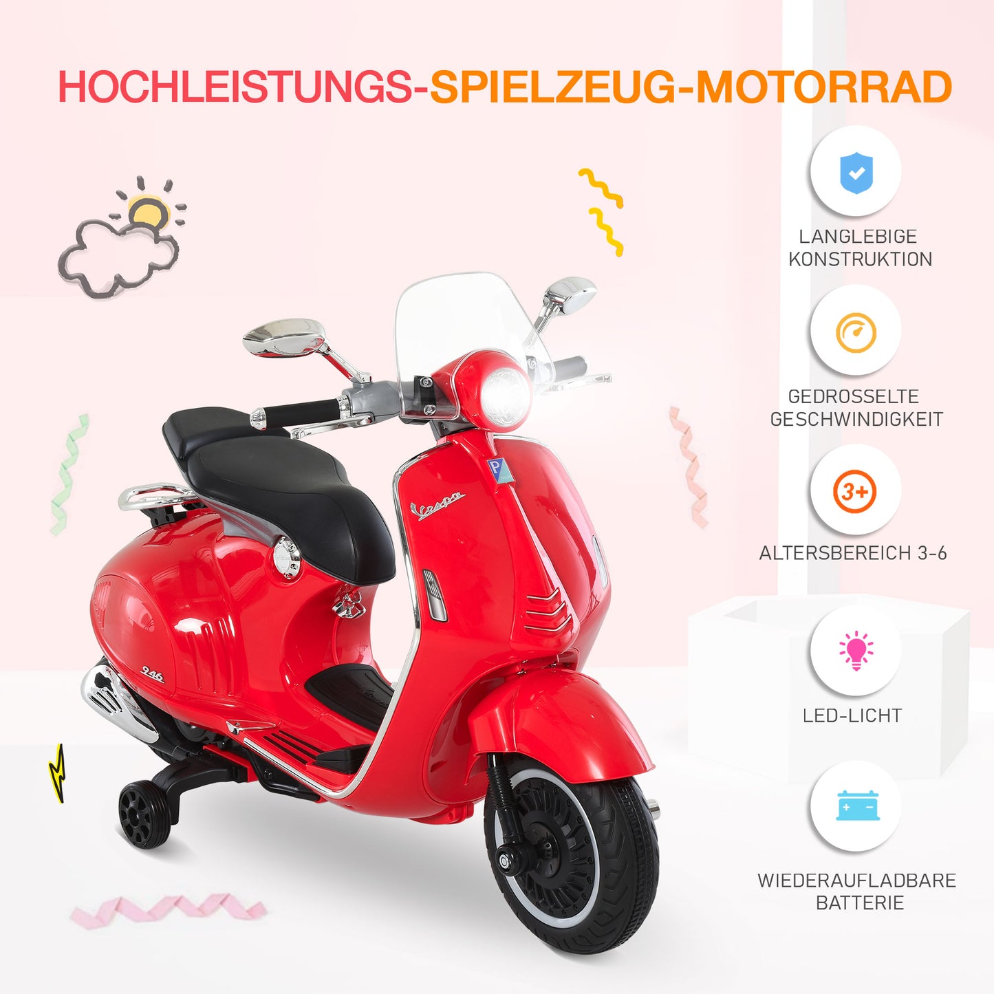 HOMCOM Elektro Kindermotorrad Elektromotorrad mit MP3, Musik, Scheinwerfer, Vor- und Rückwärtsgang, Kinder Elektro Motorrad für 3-6 Jahre Kinder, Rot
