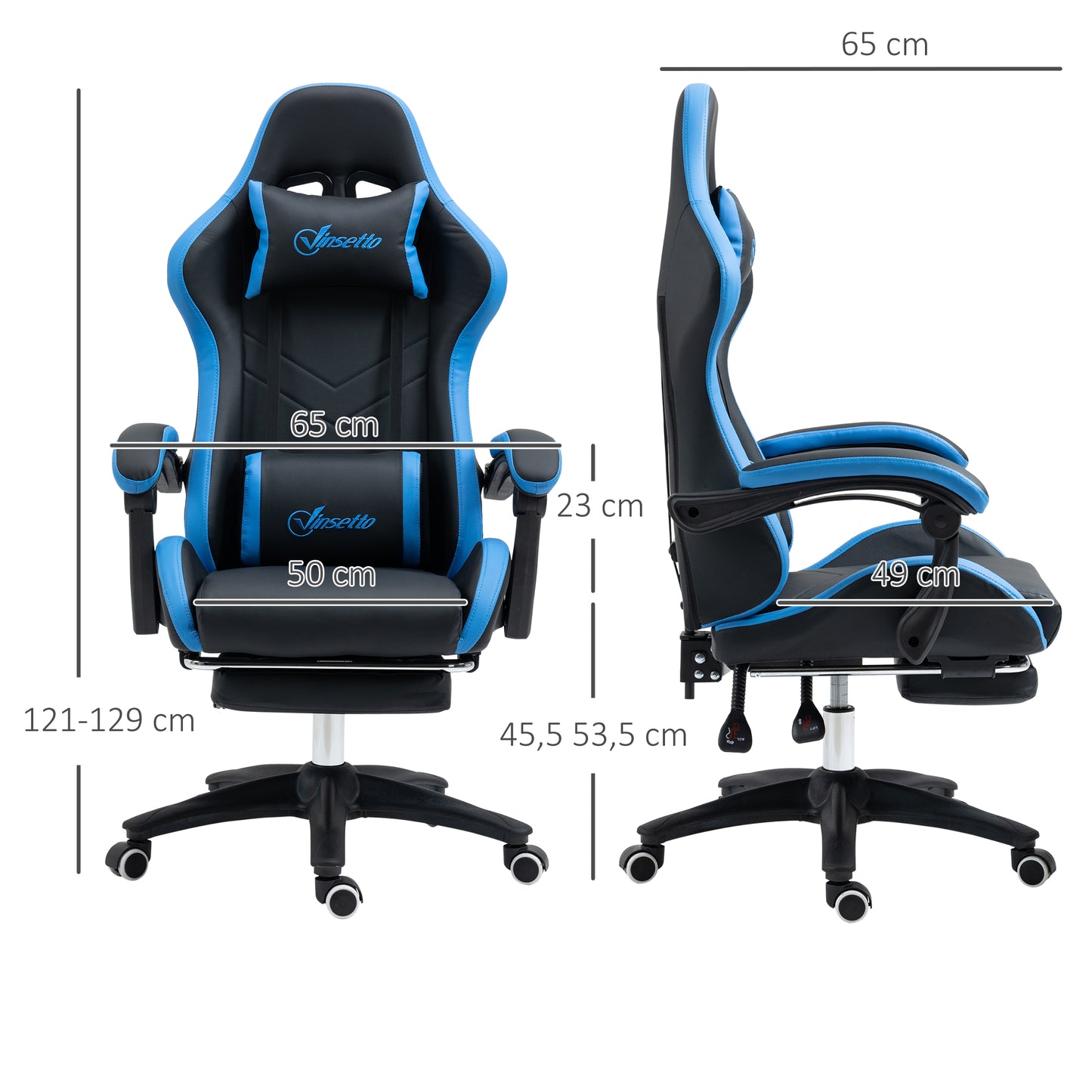 Vinsetto Bürostuhl, Gamingstuhl, 1 Kopfstütze, 1 Lendenstütze, Blau + Schwarz