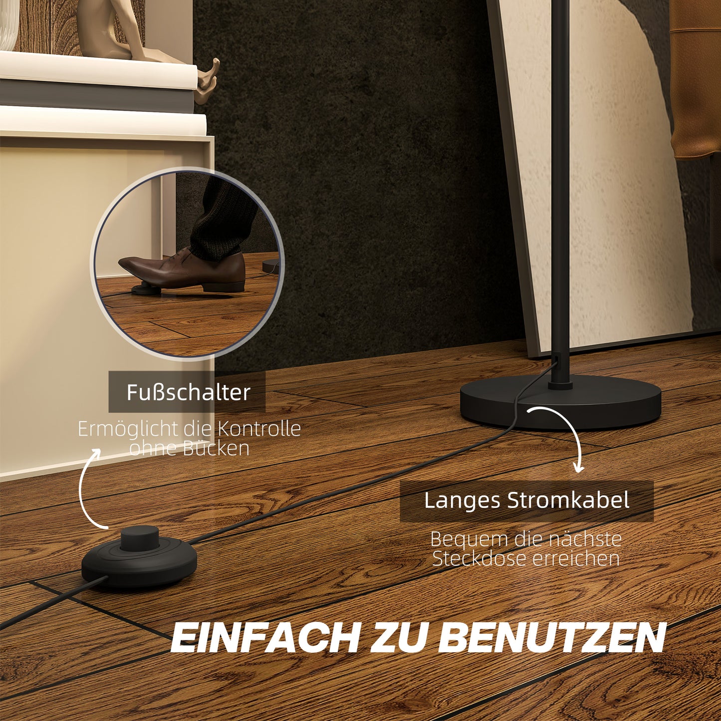 HOMCOM Stehlampe, zweifarbiger Lampenschirm, Fußschalter, Metall, Schwarz