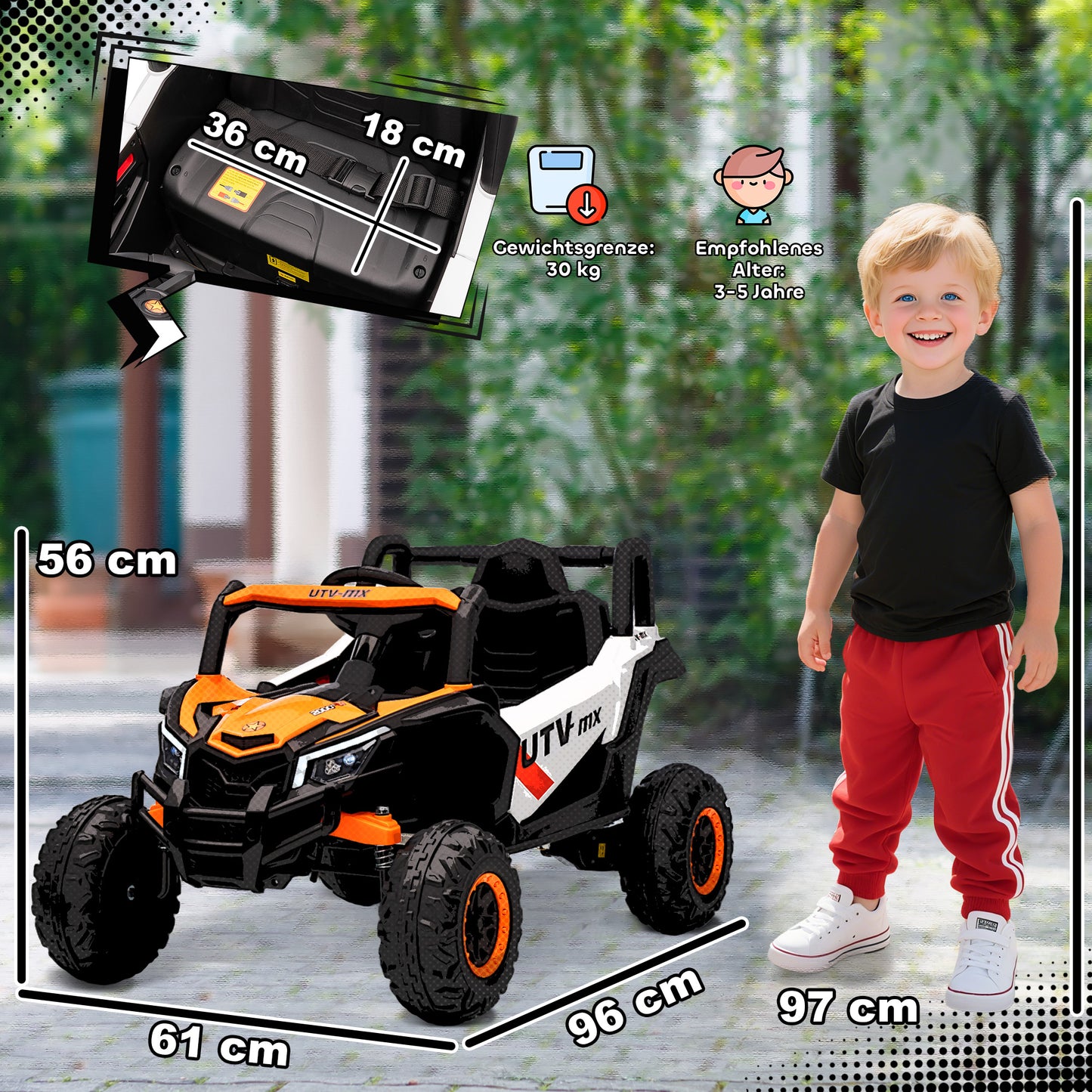 AIYAPLAY 12V Elektroauto für Kinder, Fernbedienungsfunktion, Gurt, Hupe, LED-Lichter, USB-Port, für 3-5 Jahre, Orange