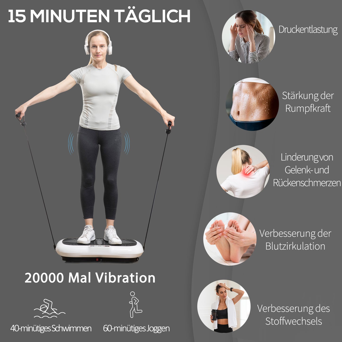 HOMCOM Vibrationsplatte mit 99 Stufen, 2 Fitnessbändern 73 x 40 x 13cm Weiß+Schwarz