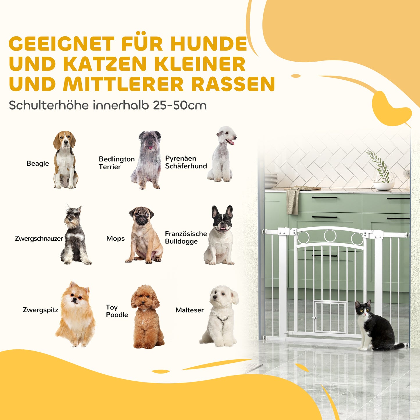 PawHut Haustiertor, 77 cm Treppengatter, verstellbar Breite 76-104 cm, mit Katzentür, für Treppen och Türöffnungen, Weiß