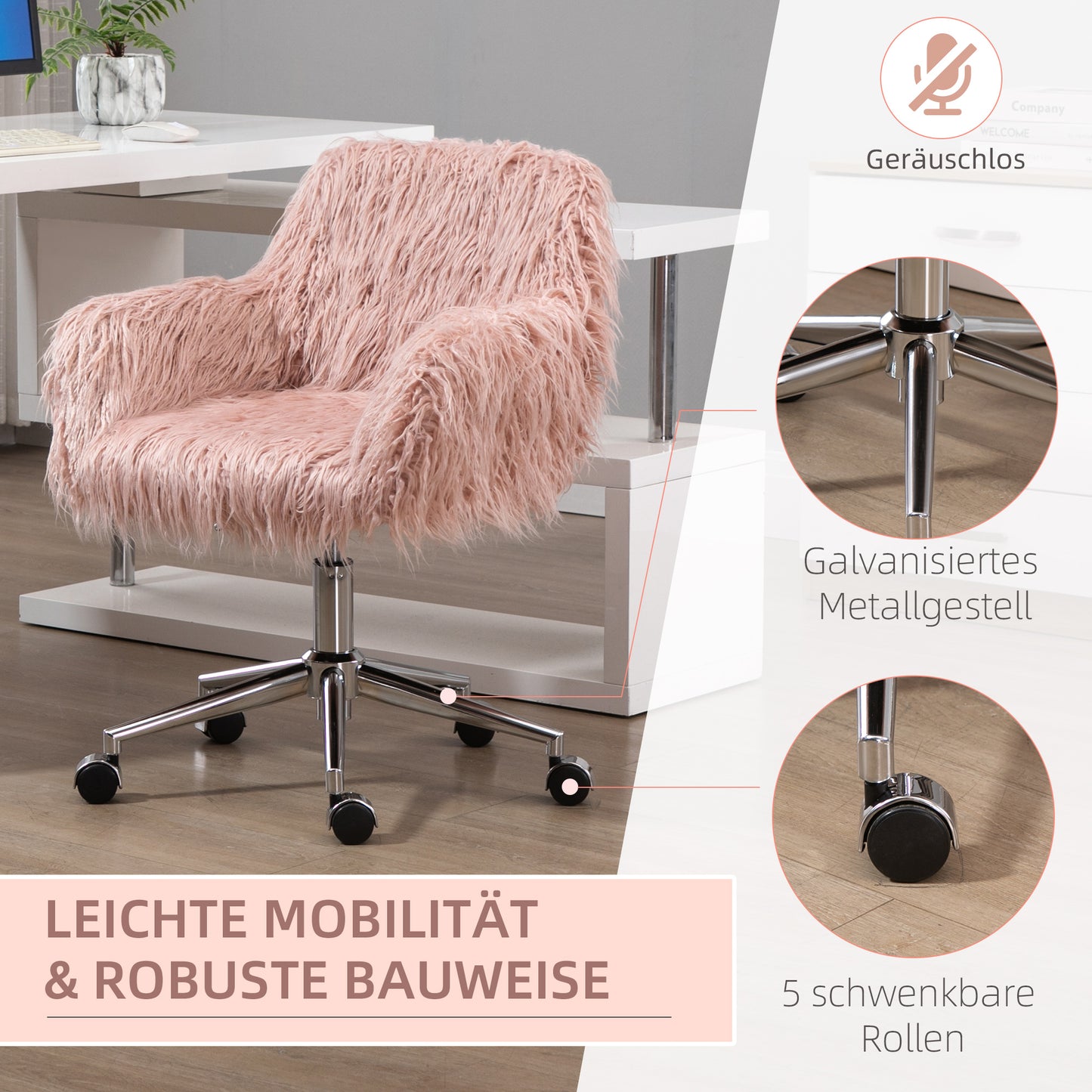 Vinsetto Chefsessel Drehstuhl Computerstuhl Schminkstuhl mit Kunstfell Sitzhöhenverstellung für Mädchen Kunstpelz Schaumstoff Rosa+Silber 57 x 60 x 75-85 cm