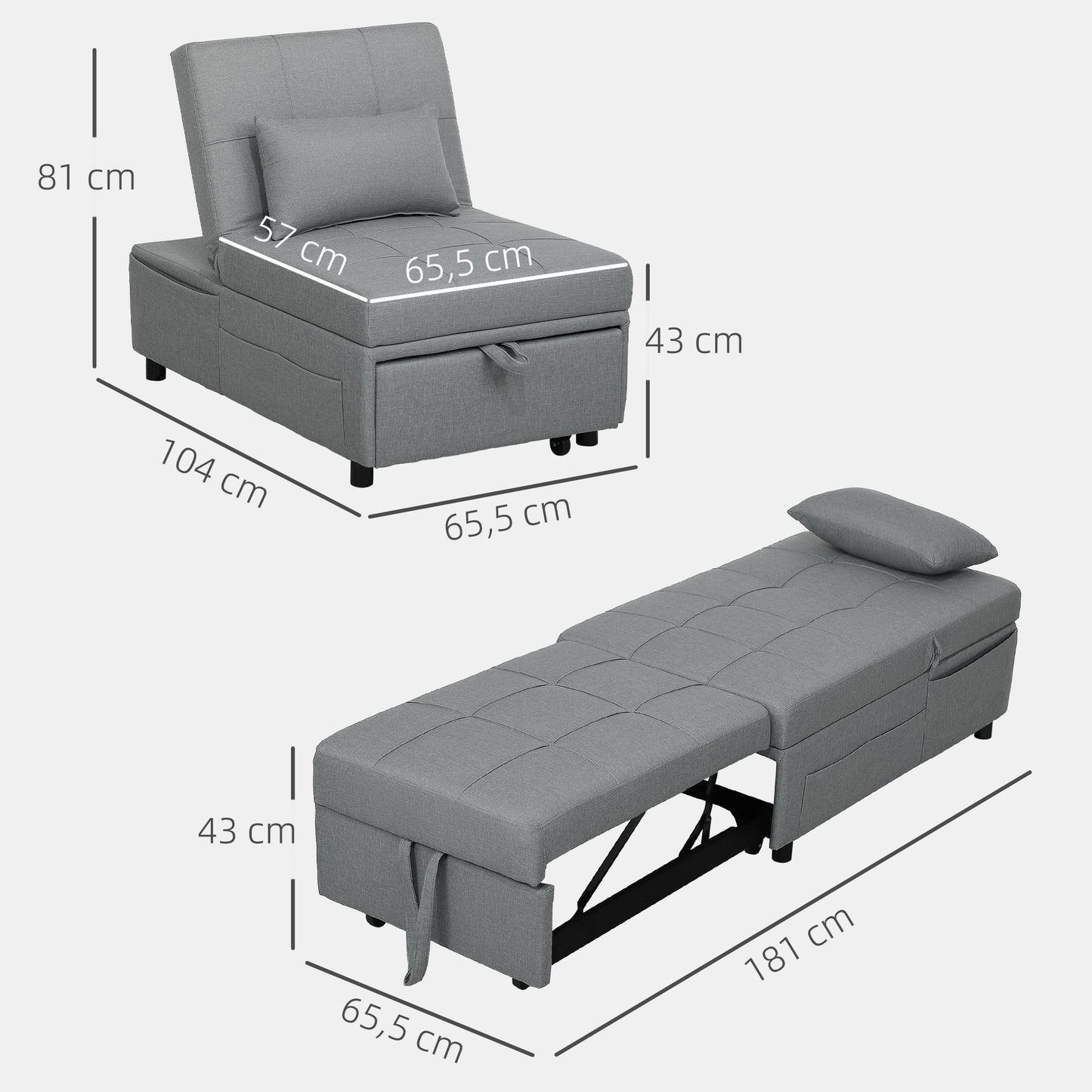 HOMCOM 3-in-1 Klappsessel mit Seitentasche, Gästebett mit Kissen, Verstellbarer Rückenlehne, Bettsessel mit Rollen, Hellgrau