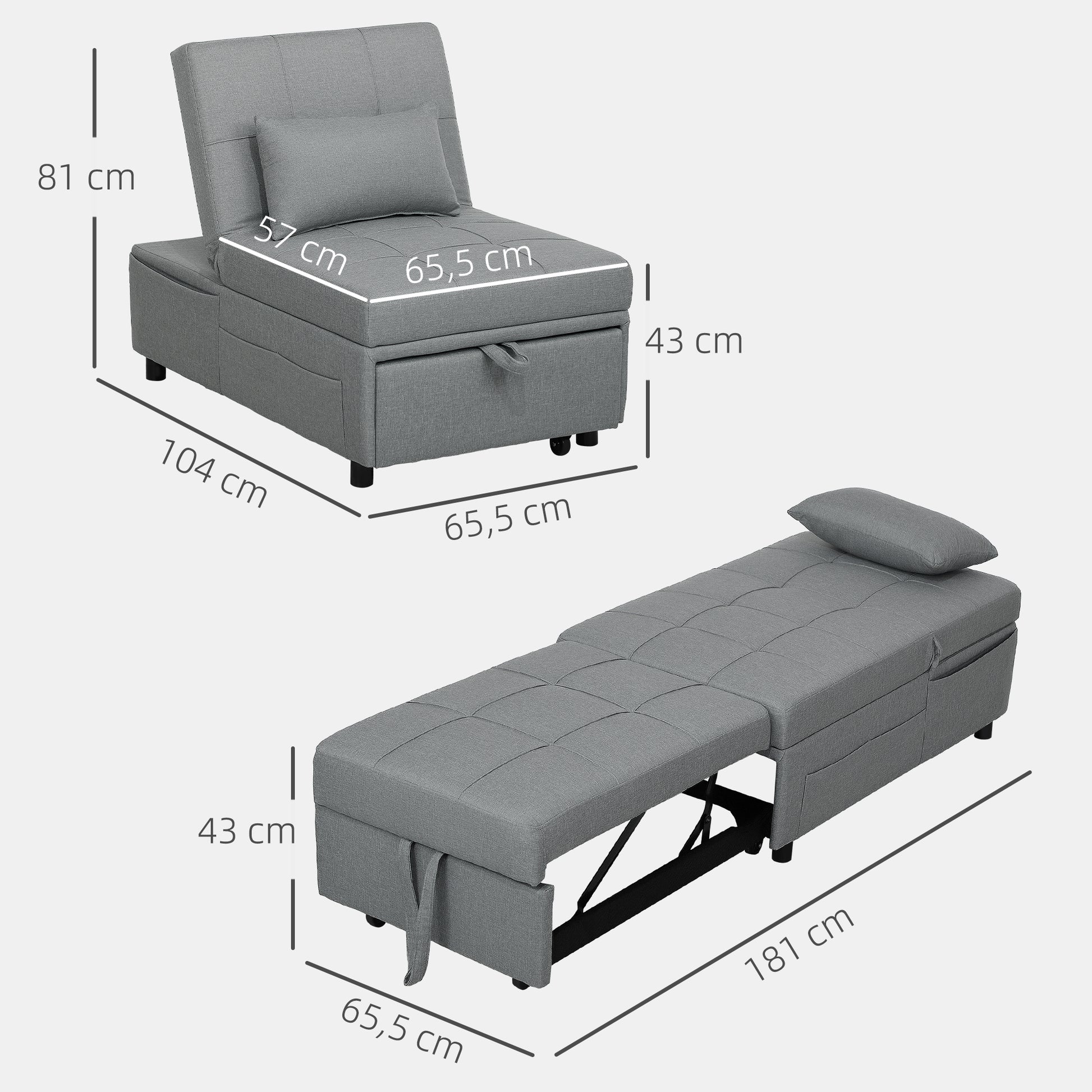 HOMCOM 3-in-1 Klappsessel mit Seitentasche, Gästebett mit Kissen, Verstellbarer Rückenlehne, Bettsessel mit Rollen, Hellgrau
